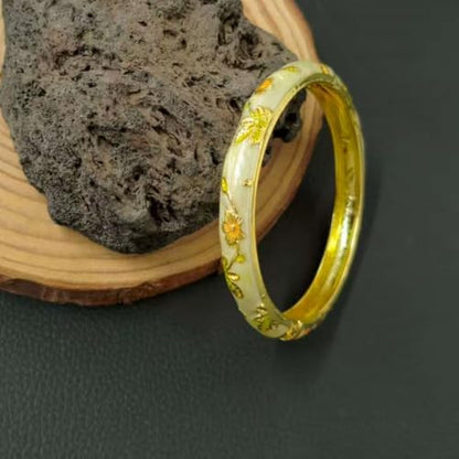 Cloisonne Bracelet For Women, Chunky Bangle Trendy Cute Flower Enamel Bangles Multi Tone Engraved Cuff Gold Plated Bracelets Stackable Wife Jewelry Friendship Gift - color: Light Yellow