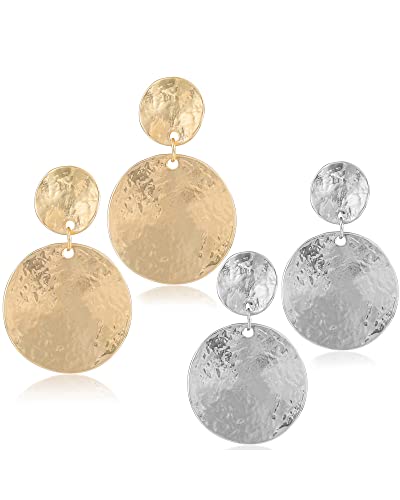Gold Metal Clip On Earrings for Women Non Pierced Dangle Drop Earrings Multiple Styles - color: gold disc + silver disc