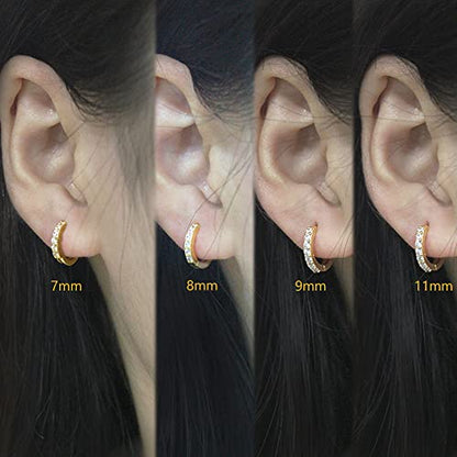Cubic Zirconia Pave Cz Hoop Earrings Huggie Tiny Mini Small for Cartilage Sterling Silver Gold Plated 11mm 9mm 8mm 7mm Hoop Earrings - style: Silver-9mm Inner Diameter