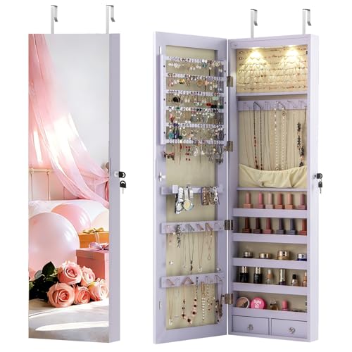 NAFORT 2 LEDs Full Length Mirror with Jewelry Armoire, Jewelry Organizers and Storage with 2 Mounting Options, 47.5”H Jewelry Cabinet with 2 Drawers, Make up & Lockable Jewelry Box, Purple - color: Purple