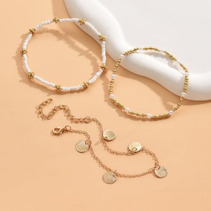 Gold Anklets Bracelets for Women Waterproof Layered Beaded Anklet Bracelets Set Boho Pearl Starfish Shell Anklet Bracelet Stacked Turquoise Anklets Bracelet Summer Beach Foot Jewelry Gift for Women - style: Gold Beaded