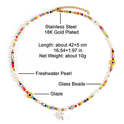 Wellike Freshwater Pearl Beaded Necklace for Women Handmade Boho Colorful Glass Beads Choker Necklace Stainless Steel 18K Gold Plated Bohemian Women Summer Jewelry Gifts - color: KKWX1150