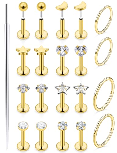 20G 18G 16G Threadless Lip Labret Medusa Monroe Nose Piercing Jewelry Surgical Steel Snake Bites Lip Rings Flat Back Push in Cartilage Tragus Helix Conch Earring Stud 6mm 8mm 10mm Bars - color: Gold-18G（1.0mm) - Bars:7mm - Hinged Clicker Rings:8mm 10mm