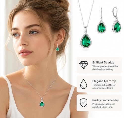 VONSSY Classic Oval Pendant Gemstone Necklace | Crystal Ruby Sapphire Waterdrop Birthstone Teardrop Emerald Necklace | 18K Platinum Gold Plated Chain | Jewelry Gift for Mother Wife Girlfriend - color: NL & ER - Green