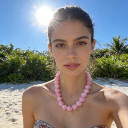 JNF Chunky Beaded Necklaces Women Large Big Ball Bead Choker Necklace Bold Statement Beads jewelry Gift - color: gemstone neckalce pink