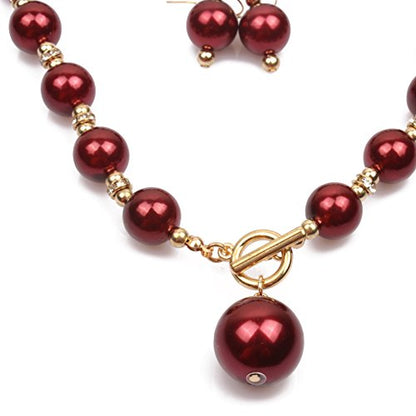 COLORFUL BLING Chunky Multicolor Simulated Pearl Choker Necklace Drop Dangle Earrings Bracelet Set Crystal Bib Big Large Round Beaded Strand for Women Brides Costume Statement 1920s Wedding Jewelry - color: Wine Red