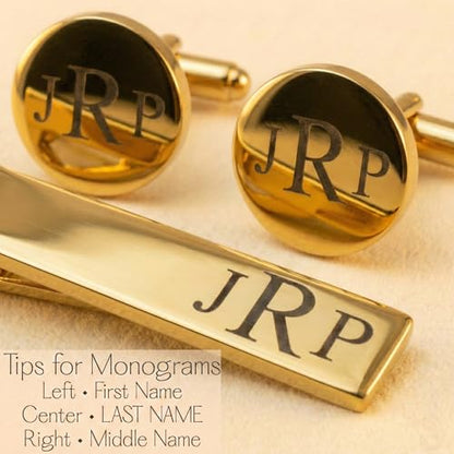 Personalized Gold Cufflink & Tie Clip Set for Men – Elevate His Style | Engraved Stainless Steel Metal Cuff Links – Custom Monogram or Handwriting Gift | Customized Groomsmen Proposal Gifts