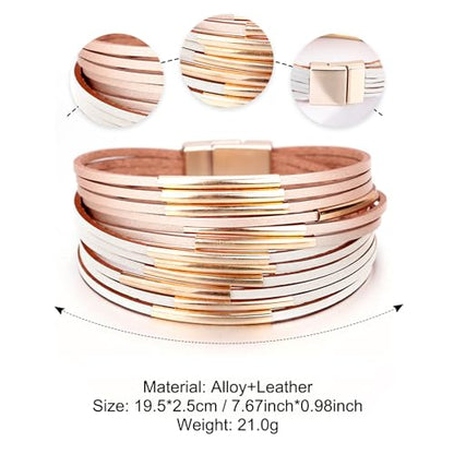 Fesciory Leather Wrap Bracelets for Women, Boho Western Layered Jewelry | Layered leather cuff bracelets, Easy on and off, Boho western style, Daily wear, Gift for women - color: Champagne 1