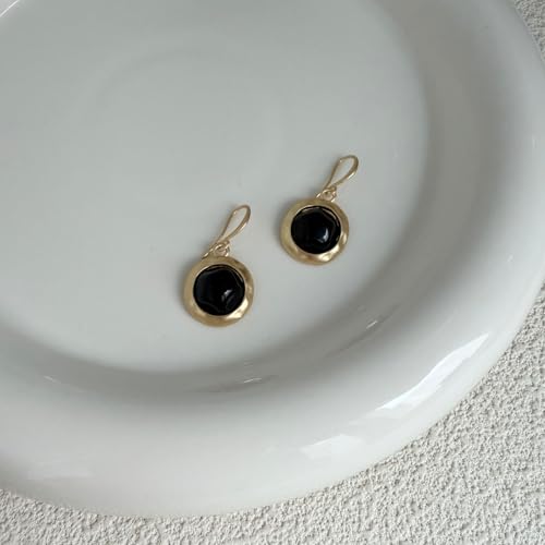 Gold Earrings for Women Dainty Stone Round Dangle Drop Earrings Colorful Resin Beaded Black White Pink Blue Dangle Drop Earrings Statement Gift - color: Black Earrings
