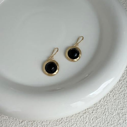 Gold Earrings for Women Dainty Stone Round Dangle Drop Earrings Colorful Resin Beaded Black White Pink Blue Dangle Drop Earrings Statement Gift - color: Black Earrings
