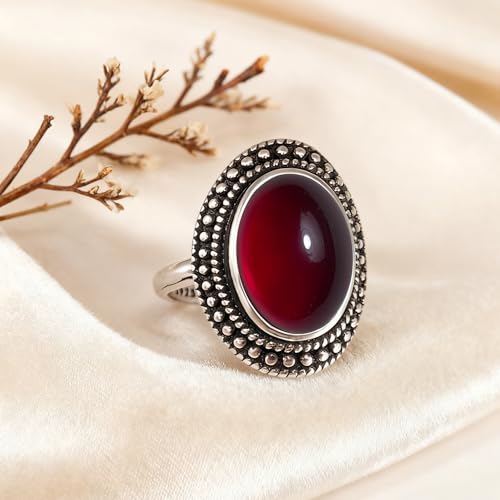 Retro Sterling Silver Stone Ring,Antique Natural Real Oval Crystal Quartz Gemstone Boho Bohemian Ring Jewelry for Women - color: A18_Garnet