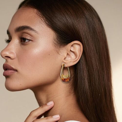 LAXPICOL Gold Chunky Dangle Earrings For Women Resin Stone Earrings Hoop Earrings, 18k Plated Oval Resin Stone Statement Earrings for Women Unique Dangling Teardrop Baroque Huggies Hoop Earrings - color: Brown-Teardrop 1