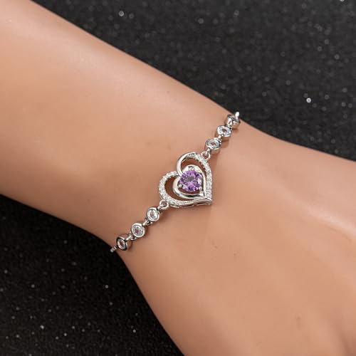14K White Gold Plated Heart Bracelet for Women, Zircon Inlay Love Heart Charm Chain Bracelet Bangle with Adjustable Length - color: silver-purple