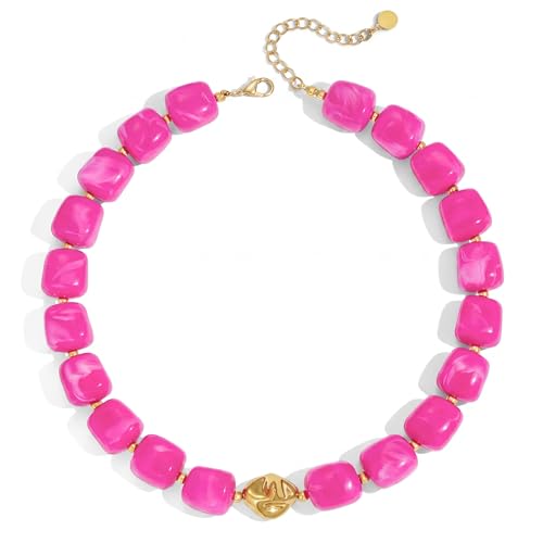 Beaded Necklaces for Women Boho Chunky Necklace Statement Big Resin Bead Choker Fashion Summer Beach Jewelry - color: Rose Red
