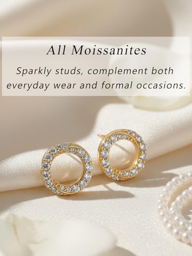 All Moissanites Sparkly Geometric Stud Earrings for Women, Solid 925 Sterling Silver with Rhodium/Gold Plated Hypoallergenic, Lightweight Comfy Earrings - color: Circle - Yellow Gold