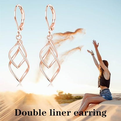 Leverback Earrings Dangle Earrings for Women Dangly Earrings Anniversary Birthday Gifts for Women - style: Double Linear-Rose Gold