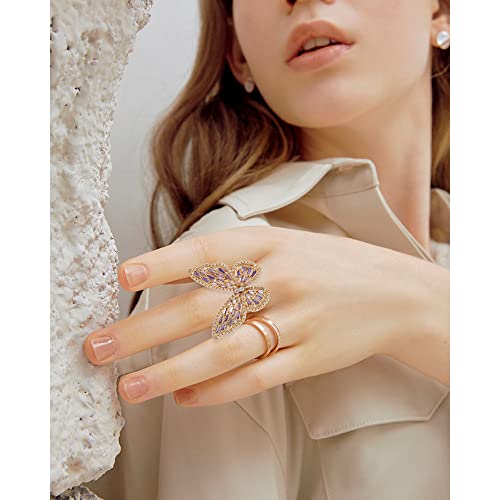 Butterfly Rings for Women Adjustable Golden Cocktail Ring Sparkly Stones Statement Silver Bow Open Wrap Bow Jewelry Bridesmaids Wedding Valentine’s Day Gift Lover Mother - color: JZ03-Gold Purple