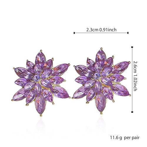 Crystal Flower Burst Stud Earrings Large Big Sparkly CZ Cubic Rhinestone Floral Cluster Flower Stud Earrings Bridal Wedding Party - color: Violet