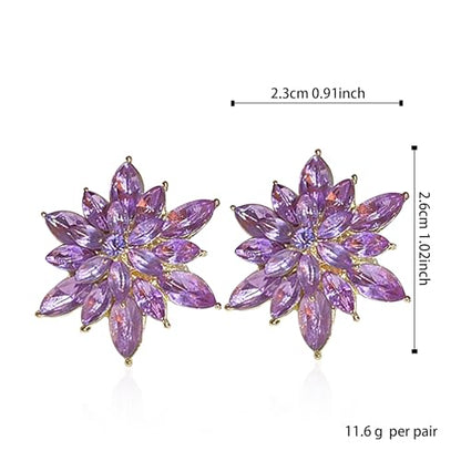Crystal Flower Burst Stud Earrings Large Big Sparkly CZ Cubic Rhinestone Floral Cluster Flower Stud Earrings Bridal Wedding Party - color: Violet
