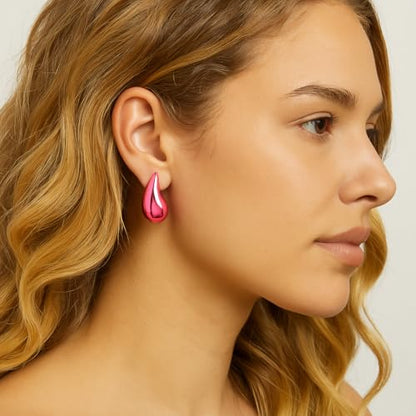 14K Gold Clip On Earrings Women,Teardrop Chunky Detachable Hoop Clip-On Earrings for Non Pierced Ears Hypoallergenic Lightweight Earring Clips - color: Golden Pink