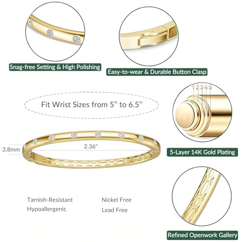 AuraLyric Gold Bracelets for Women, 14K Gold Plated Nail/Love/Emerald Green/Teardrop/Round White CZ Bangle Bracelets, Stackable Gold Bangles Non Tarnish, Gifts for Wife Mom Daughter 6.5 Inch - color: White CZ - Round