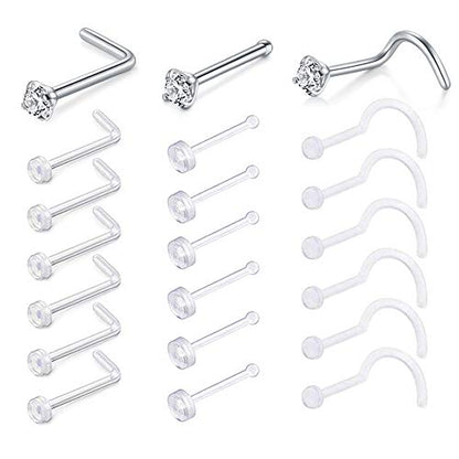D.Bella Clear Nose Rings: 18G Retainer & 20G Hoop, Flexible Acrylic Piercing Kit for Work & Surgery - color: Stainless Steel,Clear
