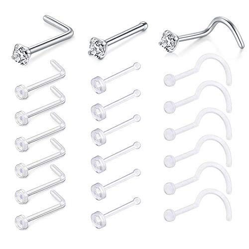 D.Bella Clear Nose Rings: 18G Retainer & 20G Hoop, Flexible Acrylic Piercing Kit for Work & Surgery - color: Stainless Steel,Clear