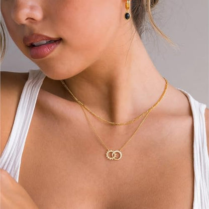Gold Necklace for Women, Dainty 14K Gold Plated Pendant Necklaces for Women Trendy Simple Choker Chain Cubic Zirconia Circle/Interlocking/Sun/Pearl Necklace Fashion Jewelry Charm Gifts - color: Sun CZ Double Circle