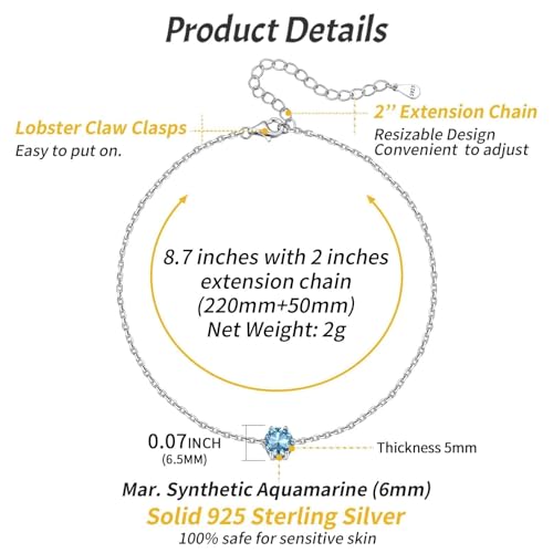 ChicSilver 925 Sterling Silver Anklets for Women, Simple Dainty Round/Heart Birthstone Ankle Bracelet Beach Foot Jewelry, 8.7-10.7 Inch Adjustable - color: 03. Round - March(Aquamarine)
