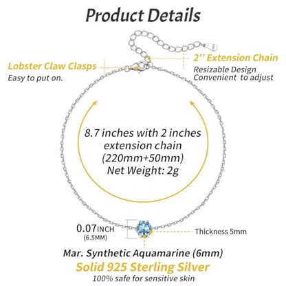ChicSilver 925 Sterling Silver Anklets for Women, Simple Dainty Round/Heart Birthstone Ankle Bracelet Beach Foot Jewelry, 8.7-10.7 Inch Adjustable - color: 03. Round - March(Aquamarine)