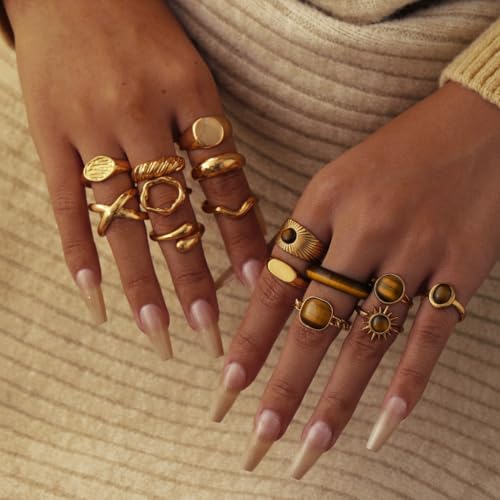 Chunky Gold Rings for Women Non Tarnish, Baroque Pearl Flower Tiger's Eye Stone Rings Adjustable Stacking Statement Rings Set Fashion Jewelry Gifts - style: Tiger eye stone