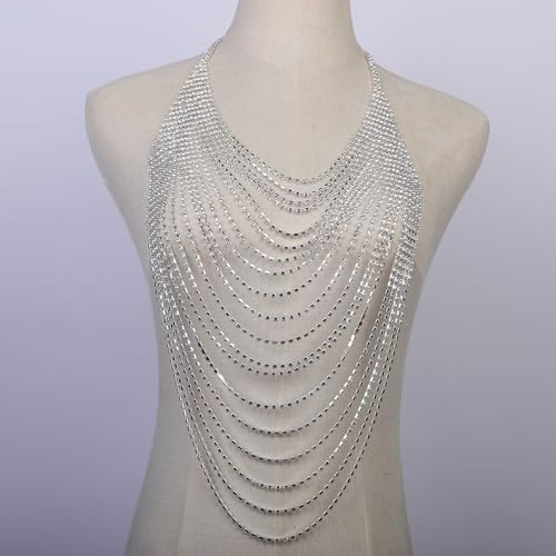 Full Rhinestone Body Chain Crystal Crossover Bra Body Chain Necklace Boho Multilay Costume Chest Chain Beach Sexy Bikini Nightclub Body Chain Party Rave Accessories for Women - color: Silver