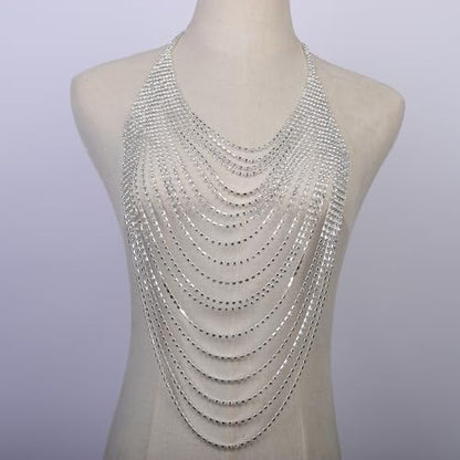 Full Rhinestone Body Chain Crystal Crossover Bra Body Chain Necklace Boho Multilay Costume Chest Chain Beach Sexy Bikini Nightclub Body Chain Party Rave Accessories for Women - color: Silver