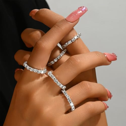 Bling Rhinestone Stretch Rings Set for Women Trendy, Funky Cute Sparkly Cubic Zirconia Stackable Knuckle Ring Y2K Party Prom Jewelry Gift Accessories