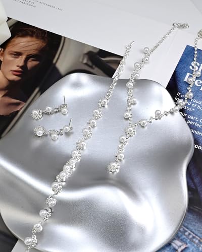 Pearl Jewelry Set for Women with Cubic Zirconia and Pearl Dangle Bridal Earrings Necklace Bracelet Set for Wedding Jewelry