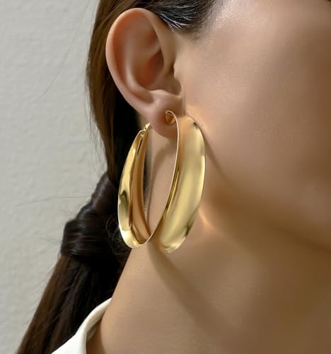 Big Gold Chunky Hoops Earrings for Women Trendy Large Wide Post Thick Drop Dangle Earrings Minimalist Statement Earrings Party Jewelry Gift - color: Small-Gold