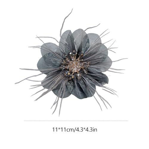 4" Crystal Feather Flower Brooch Pin for Women Girls Dainty Bright Satin Rhinestone Floral Brooches Lapel Hair Pins Elegant Wedding Cocktail Prom Party Hat Bag Suit Clothing Dress Accessories Jewelry Gift - color: Grey