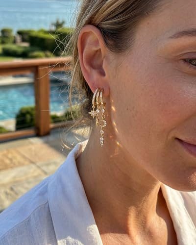 Gold Earrings for Women Trendy 14K Gold Plated Dangle Earrings Small Hoop Huggie Drop Stud Earrings Cubic Zirconia Simple Minimalist Dainty Chain Tassel Hypoallergenic Earrings - color: Celestial & Gold