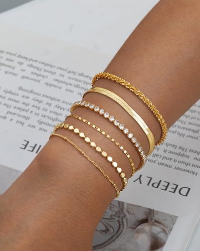 Gold Bracelets for Women 14K Gold Plated Stack Trend Bracelets Charm Paperclip Chain Cuban Link Layered Waterproof Bracelet Dainty Bracelet for Women Jewelry Gifts - color: Gold 6Pcs