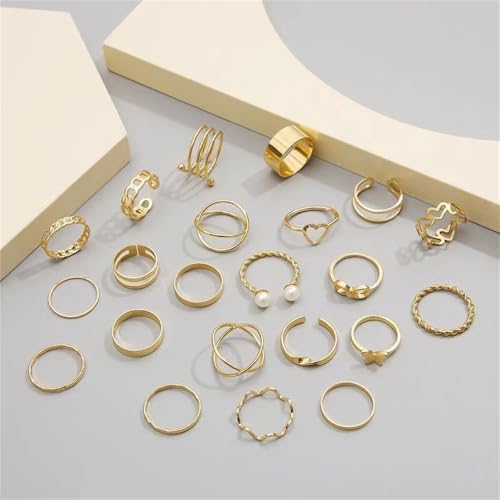 22Pcs Gold Plated Knuckle Rings Set for Women,Boho Dainty Stackable Joint Finger Midi Ring Pack Simple Cute Pearl Butterfly Heart Rings Adjustable Statement Jewelry Mixed Size - color: Gold