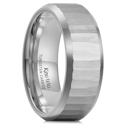 King Will 8mm Mens Hammered Tungsten Rings Matte Brushed Finish | Beveled Edge, Comfort Fit, Durable, Everyday Wear - color: Silver
