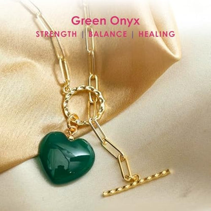 Gempires Gemstone Heart Pendant Necklace for Women, Gold Toggle Birthstone | Handmade gemstone heart pendant necklace — choose from 11 stones and birthstones, gold toggle paperclip chain. - color: Green Onyx