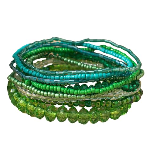 Bohemian Colorful Crystal Glass Beads Seed Beaded Bracelet Handmade Adjustable Stackable Elastic Strand Bangle for Women Summer Beach Hawaii Boho Wristbands Jewelry - color: dark green