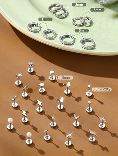 Flat Back Gold Earrings for Women Trendy Hypoallergenic Surgical Steel Earrings for Sensitive Ears-20G Cartilage Earring Stacks 14K Gold Plated Small Flatback Stud Hoops Cartilage Earring Set - color: Silver Plated