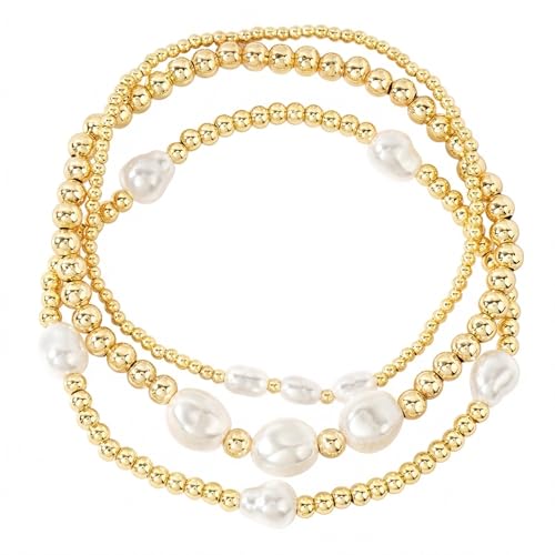 Gold Beaded Bracelet Stack for Women Colorful Small Seed Beads Bracelets Set Boho 14K Gold Plated Ball Stackable Stretch Non-Tarnish Dainty Jewelry Trendy Accessory Friendship Gift - color: Pearl