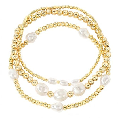 Gold Beaded Bracelet Stack for Women Colorful Small Seed Beads Bracelets Set Boho 14K Gold Plated Ball Stackable Stretch Non-Tarnish Dainty Jewelry Trendy Accessory Friendship Gift - color: Pearl