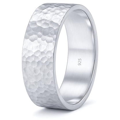 925 Sterling Silver Wedding Ring Hammered Flat Pipe Cut Textured Thick & Durable Handmade Unisex Mens & Women Rustic Engagement Promise Band - US Size 4-13 - Custom Engraving - color: 01 - 9mm Silver
