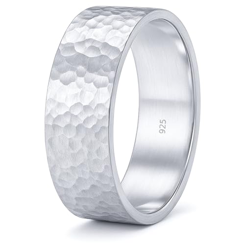 925 Sterling Silver Wedding Ring Hammered Flat Pipe Cut Textured Thick & Durable Handmade Unisex Mens & Women Rustic Engagement Promise Band - US Size 4-13 - Custom Engraving - color: 01 - 9mm Silver