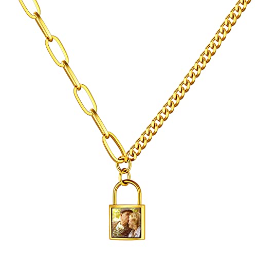 Custom4U Personalized Photo Necklace - Custom Heart/Oval/Round Charm Necklaces with Picture + Chain Adjustable - Stainless Steel/Acrylic Pendant Memorial Jewelry Christmas Gifts for Women - color: G-Gold Color