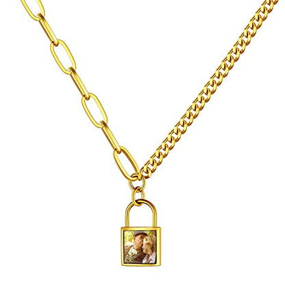 Custom4U Personalized Photo Necklace - Custom Heart/Oval/Round Charm Necklaces with Picture + Chain Adjustable - Stainless Steel/Acrylic Pendant Memorial Jewelry Christmas Gifts for Women - color: G-Gold Color